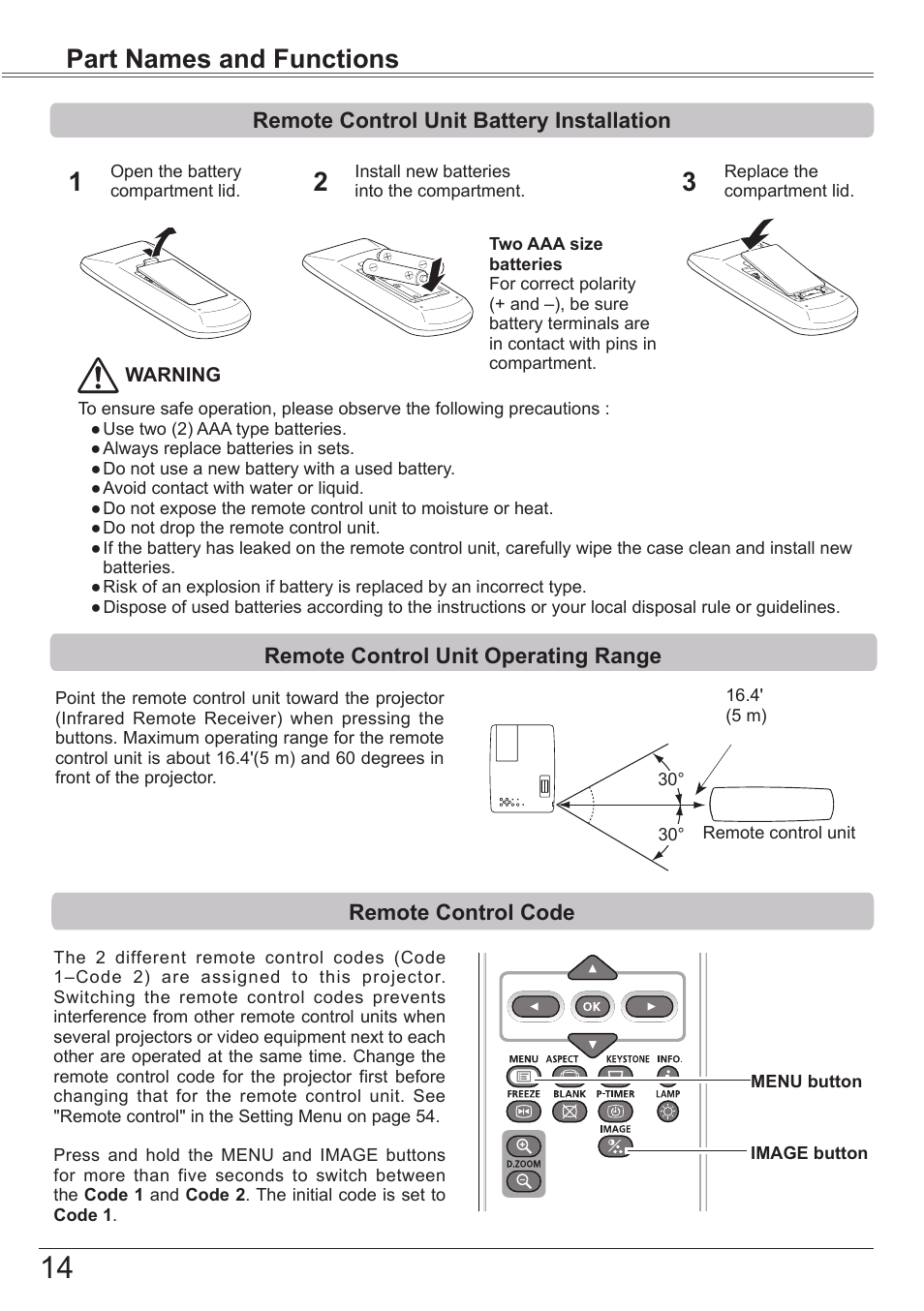 Remote control unit battery installation, Remote control unit operating range, Remote control code | Part names and functions | Canon LV-7292S User Manual | Page 14 / 77