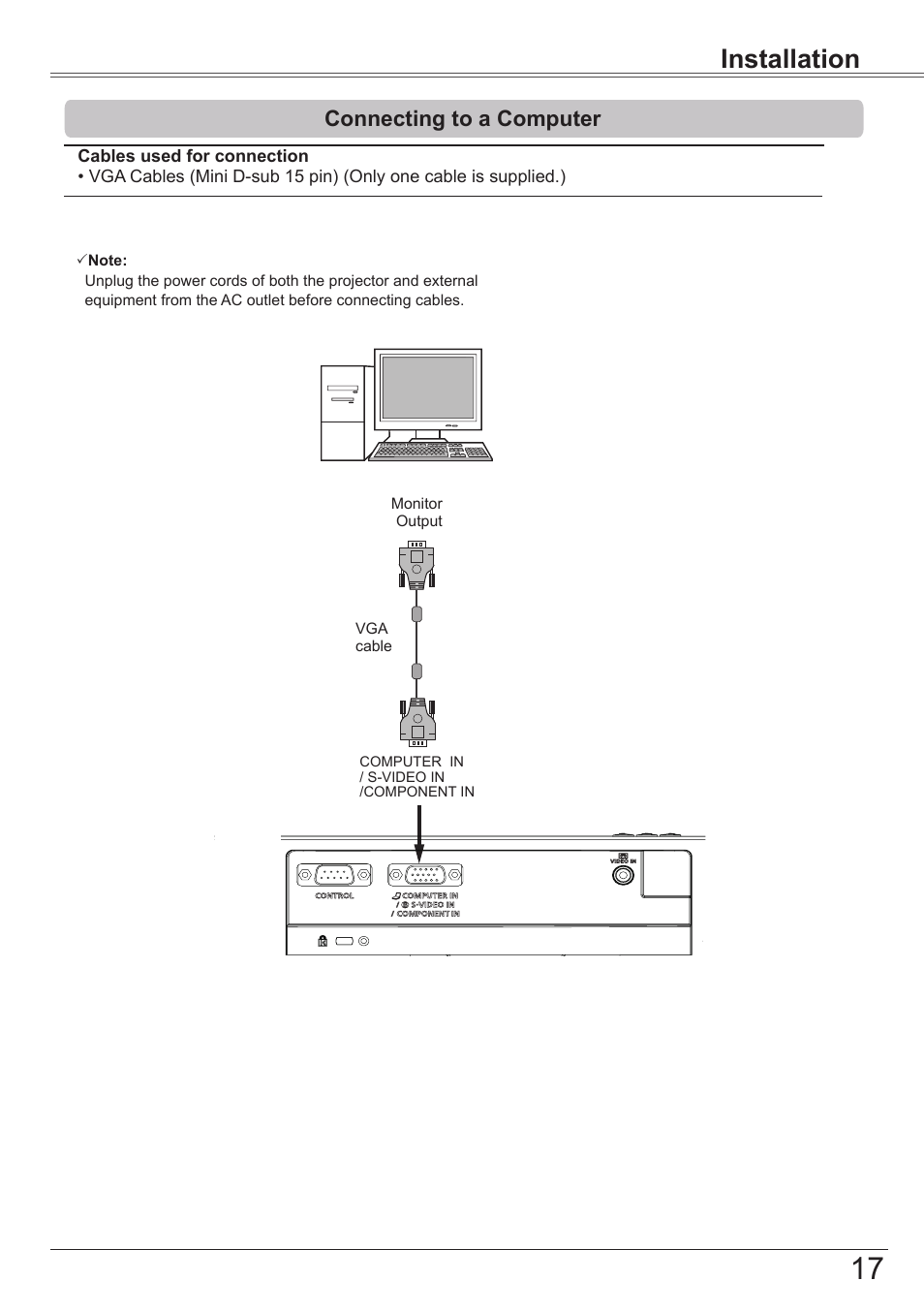 Connecting to a computer, Installation | Canon LV-7292S User Manual | Page 17 / 77