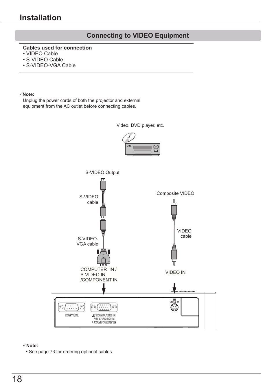 Connecting to video equipment, Installation | Canon LV-7292S User Manual | Page 18 / 77