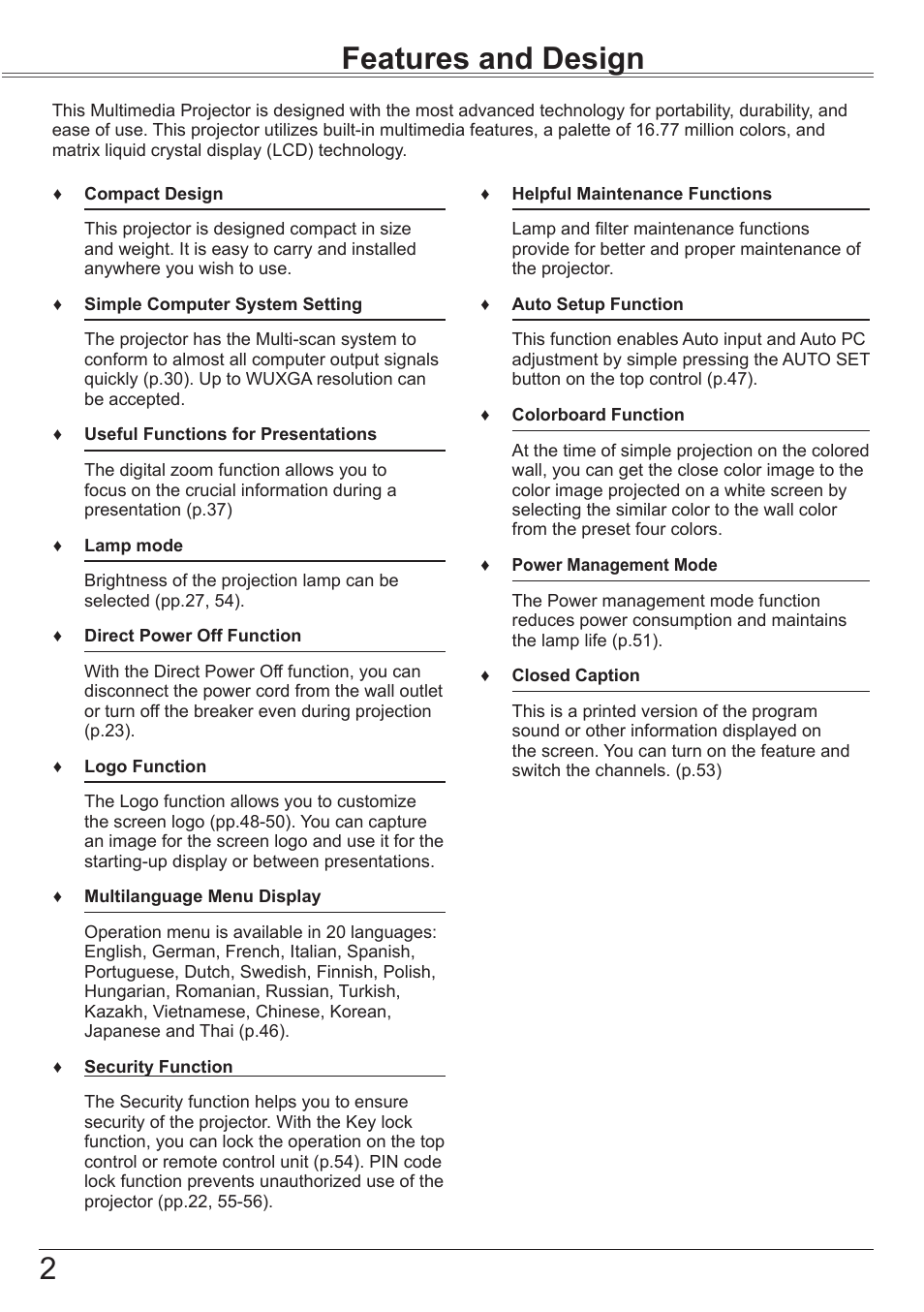 Features and design, 2features and design | Canon LV-7292S User Manual | Page 2 / 77