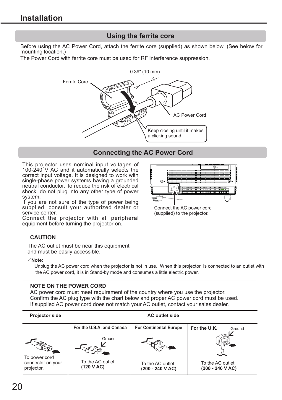 Using the ferrite core, Connecting the ac power cord, Installation | Canon LV-7292S User Manual | Page 20 / 77