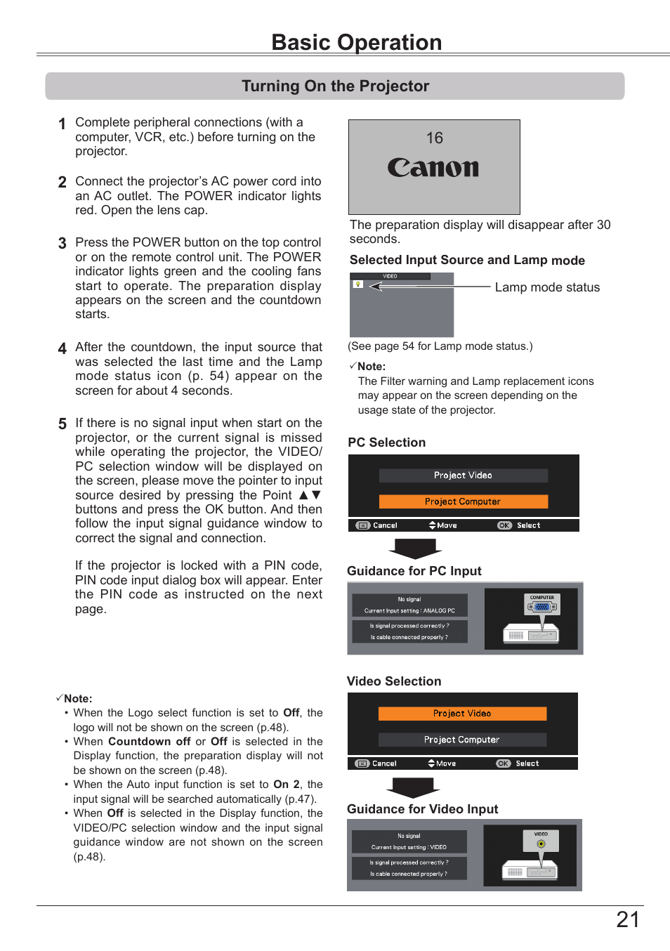 Basic operation, Turning on the projector, Installation | Canon LV-7292S User Manual | Page 21 / 77