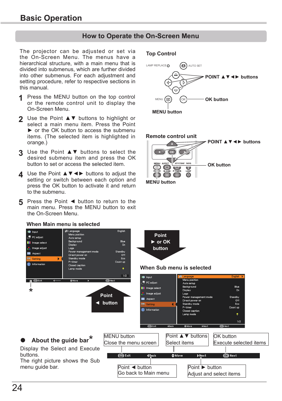 How to operate the on-screen menu, How to operate the on-screen menu 24, Basic operation | Canon LV-7292S User Manual | Page 24 / 77