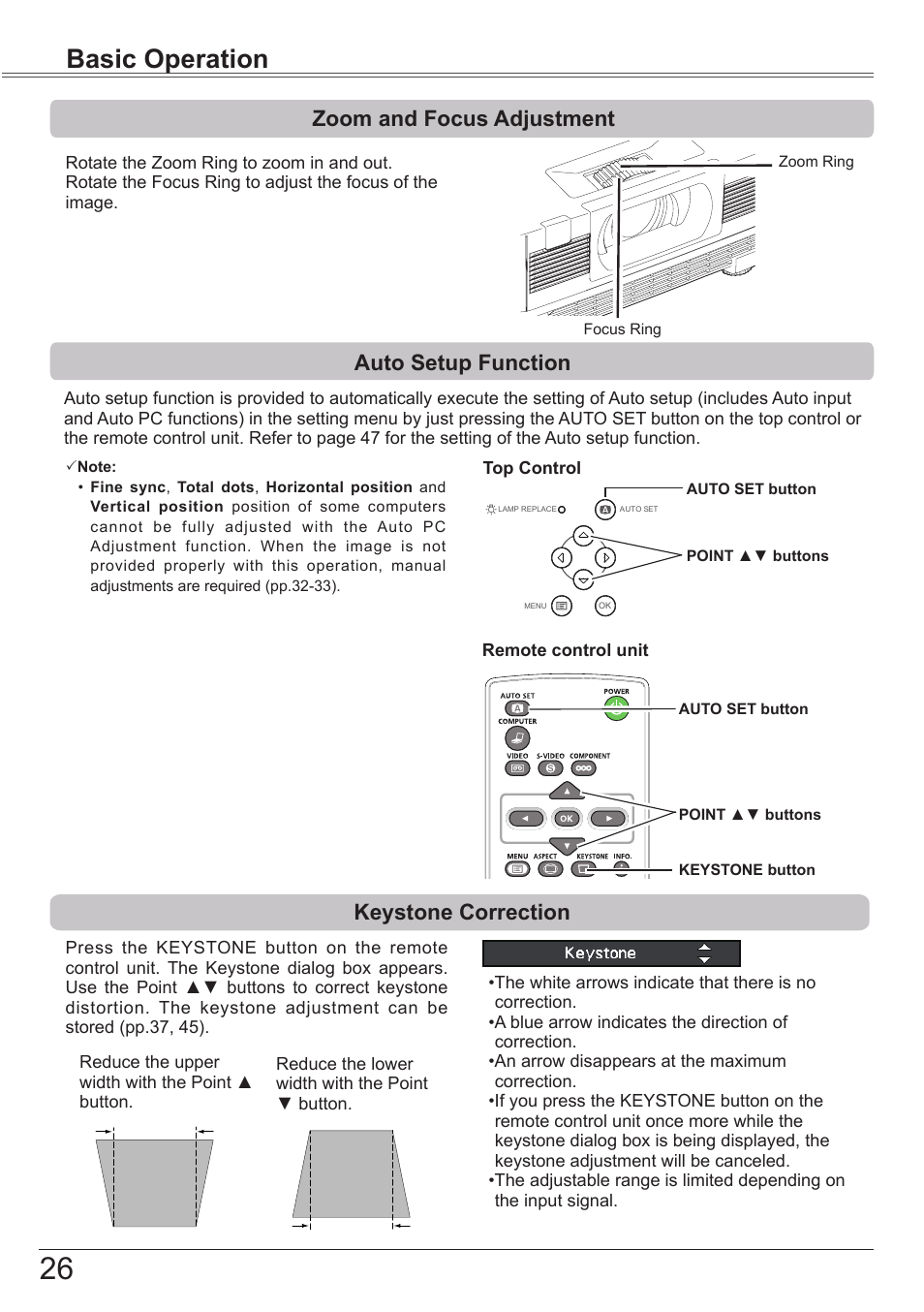 Zoom and focus adjustment, Auto setup function, Keystone correction | Basic operation | Canon LV-7292S User Manual | Page 26 / 77