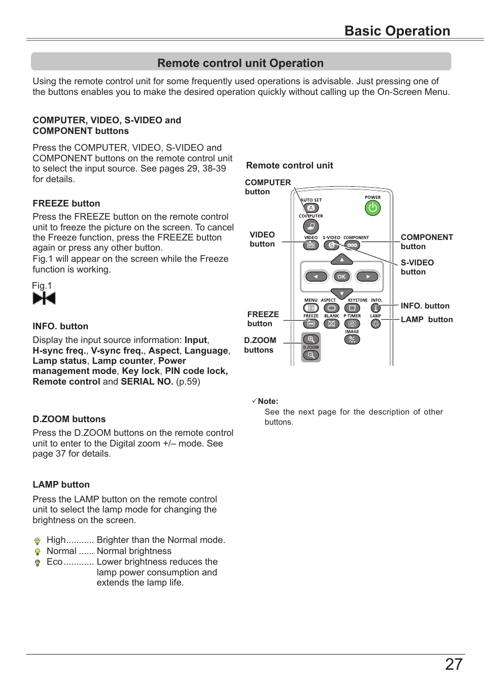 Remote control unit operation, Basic operation | Canon LV-7292S User Manual | Page 27 / 77