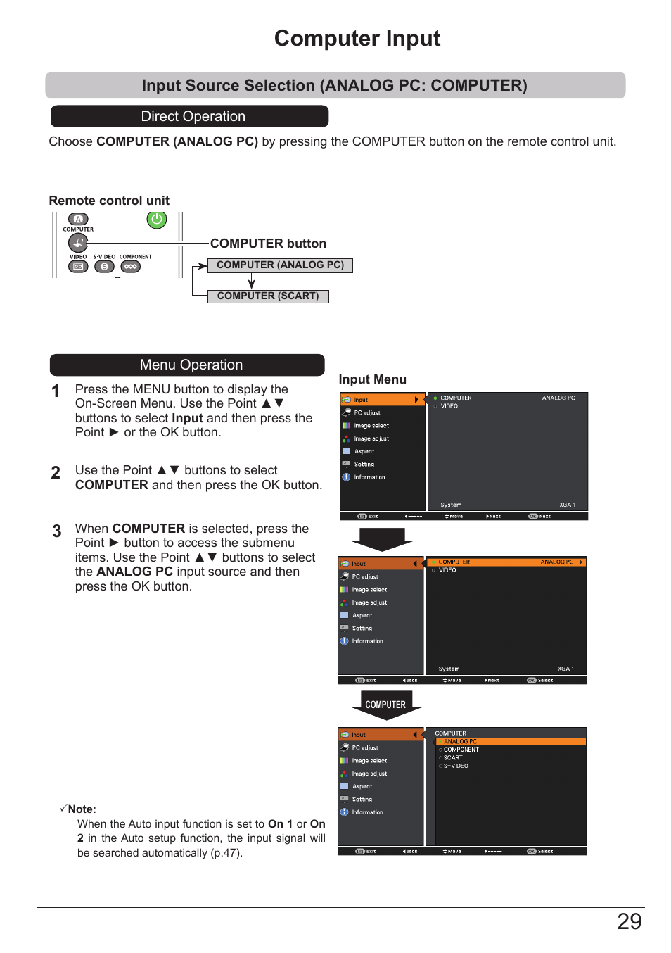 Computer input, Input source selection (analog pc: computer), Input source selection (analog pc | Computer), Basic operation | Canon LV-7292S User Manual | Page 29 / 77