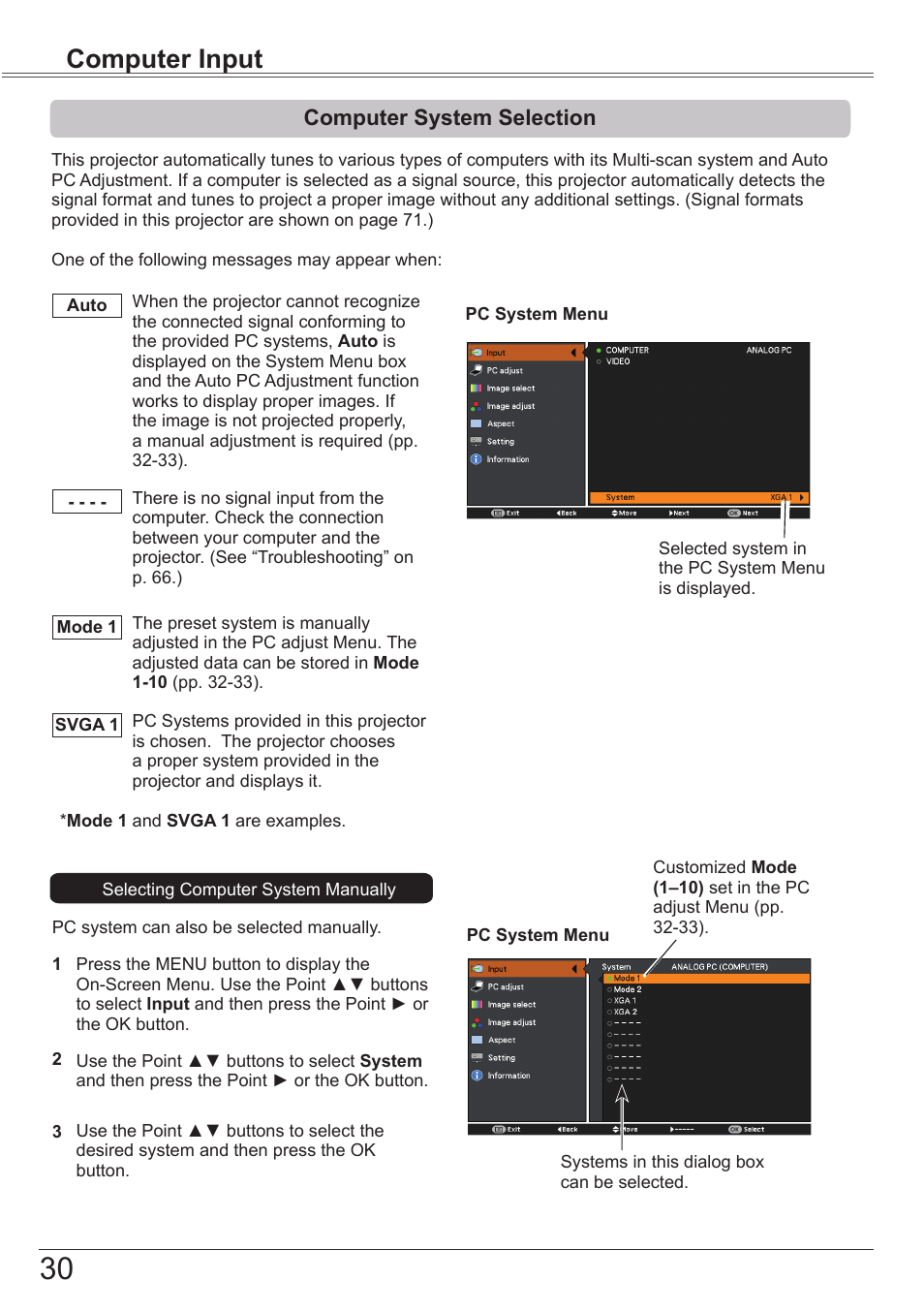 Computer system selection, Computer input | Canon LV-7292S User Manual | Page 30 / 77