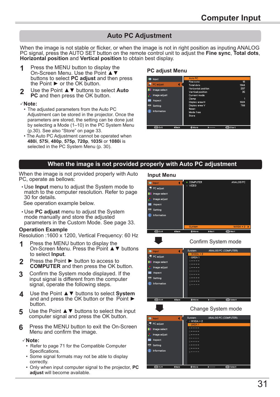 Auto pc adjustment, Computer input | Canon LV-7292S User Manual | Page 31 / 77