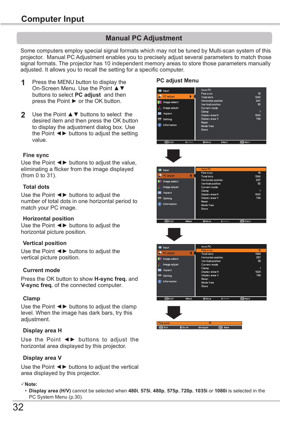 Manual pc adjustment, Computer input | Canon LV-7292S User Manual | Page 32 / 77