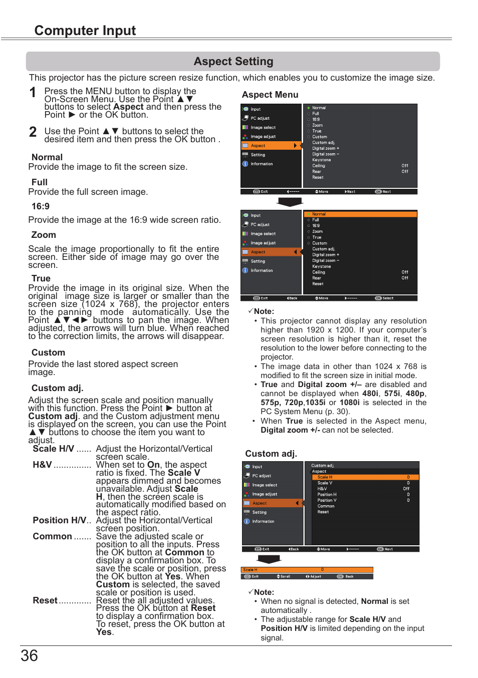 Aspect setting, Computer input | Canon LV-7292S User Manual | Page 36 / 77