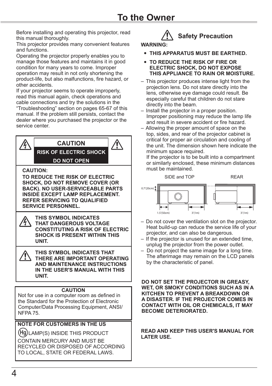 To the owner, 4to the owner, Safety precaution | Canon LV-7292S User Manual | Page 4 / 77