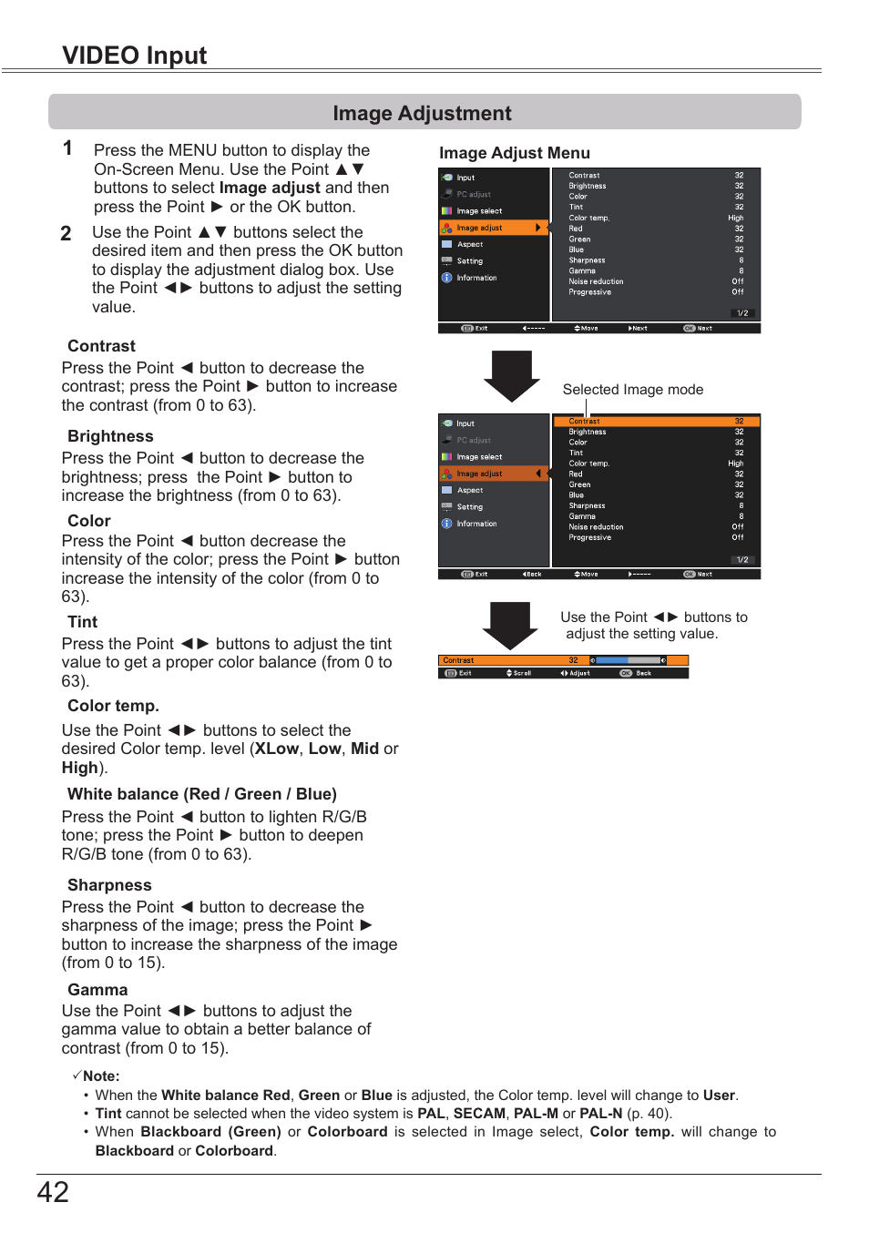 Image adjustment, Video input, Image adjustment 1 2 | Canon LV-7292S User Manual | Page 42 / 77