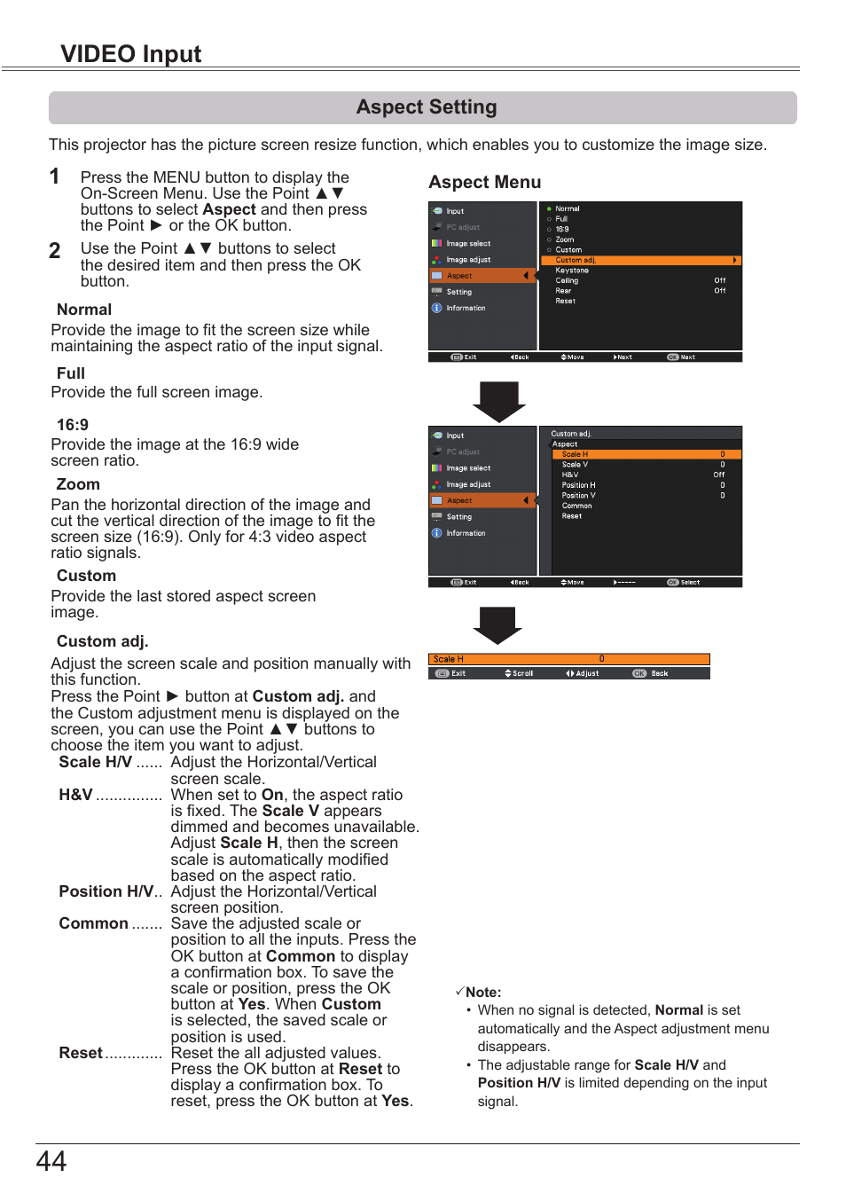 Aspect setting, Video input | Canon LV-7292S User Manual | Page 44 / 77