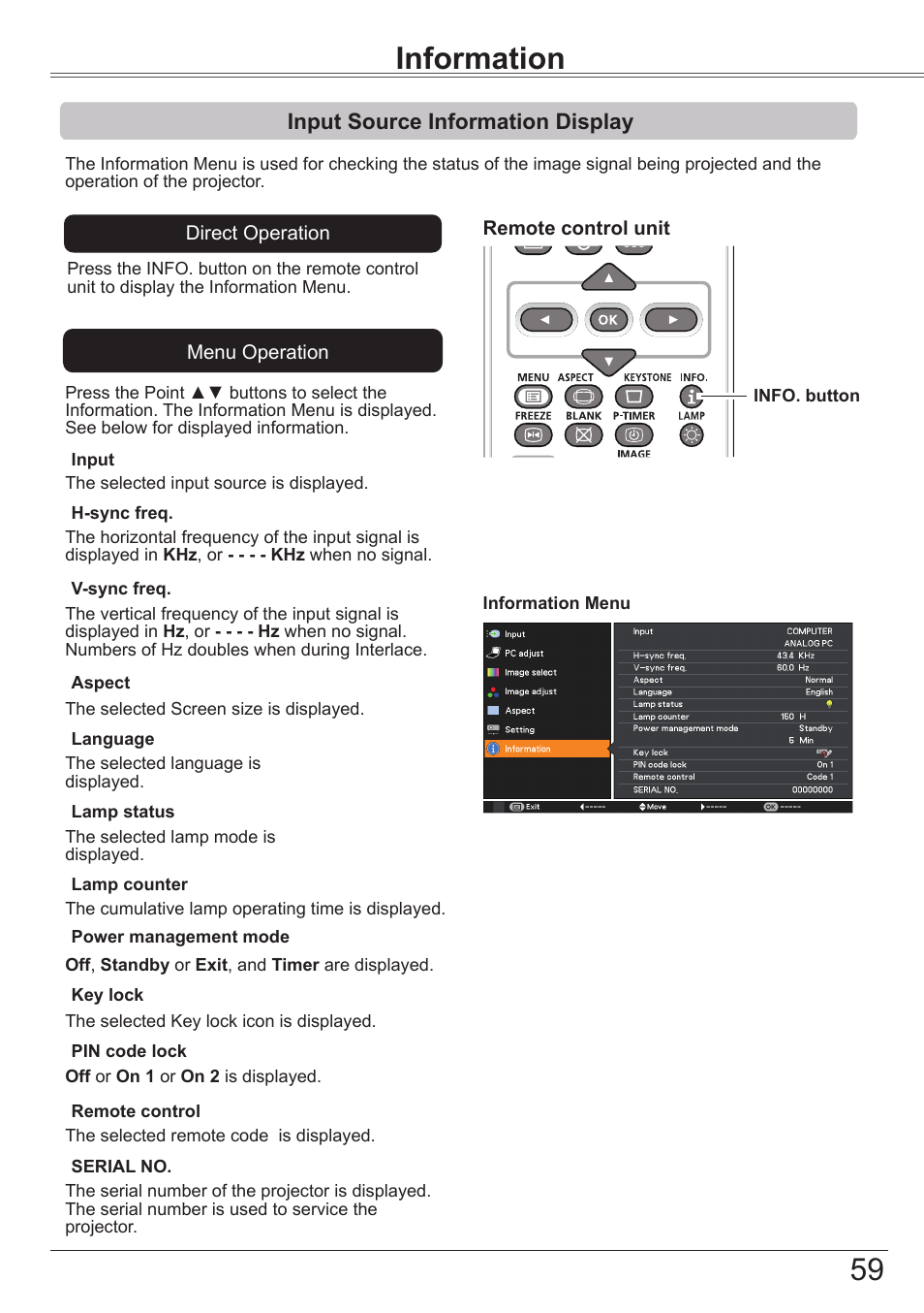 Information, Input source information display, Setting | Canon LV-7292S User Manual | Page 59 / 77