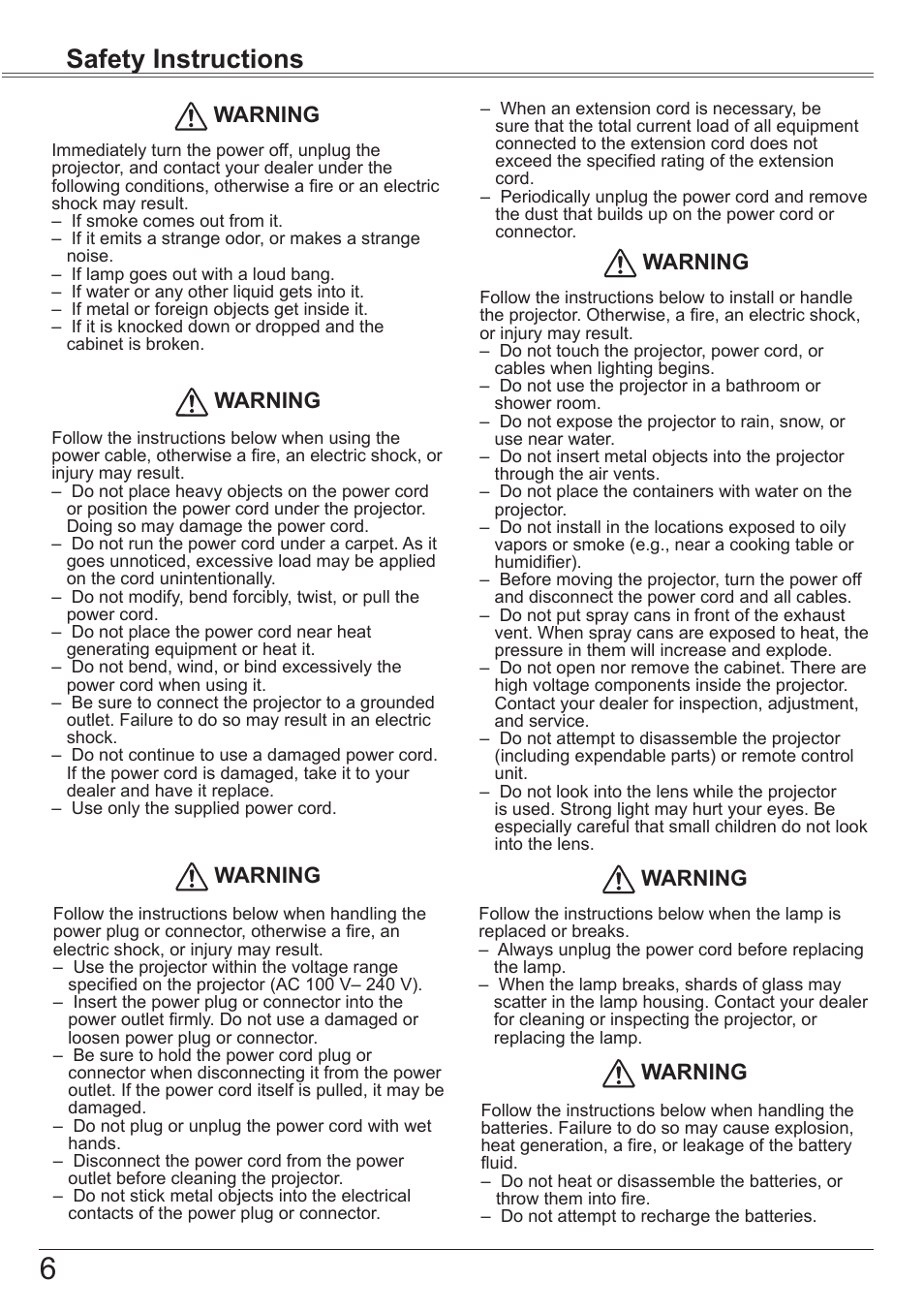 Safety instructions, Warning | Canon LV-7292S User Manual | Page 6 / 77