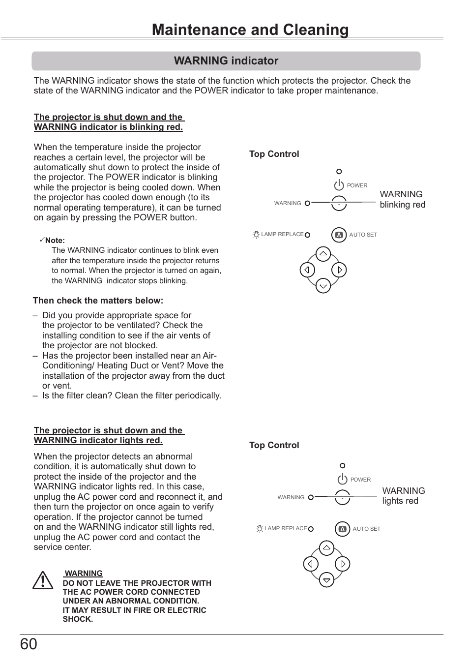 Maintenance and cleaning, Warning indicator | Canon LV-7292S User Manual | Page 60 / 77