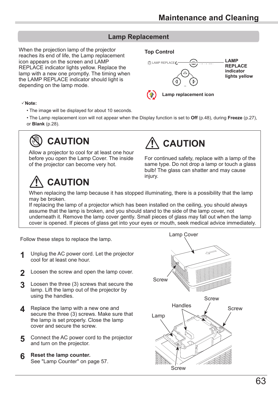 Lamp replacement, Caution, Maintenance and cleaning | Canon LV-7292S User Manual | Page 63 / 77