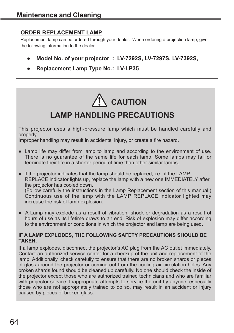 Lamp handling precautions, Caution appendix, Maintenance and cleaning | Canon LV-7292S User Manual | Page 64 / 77