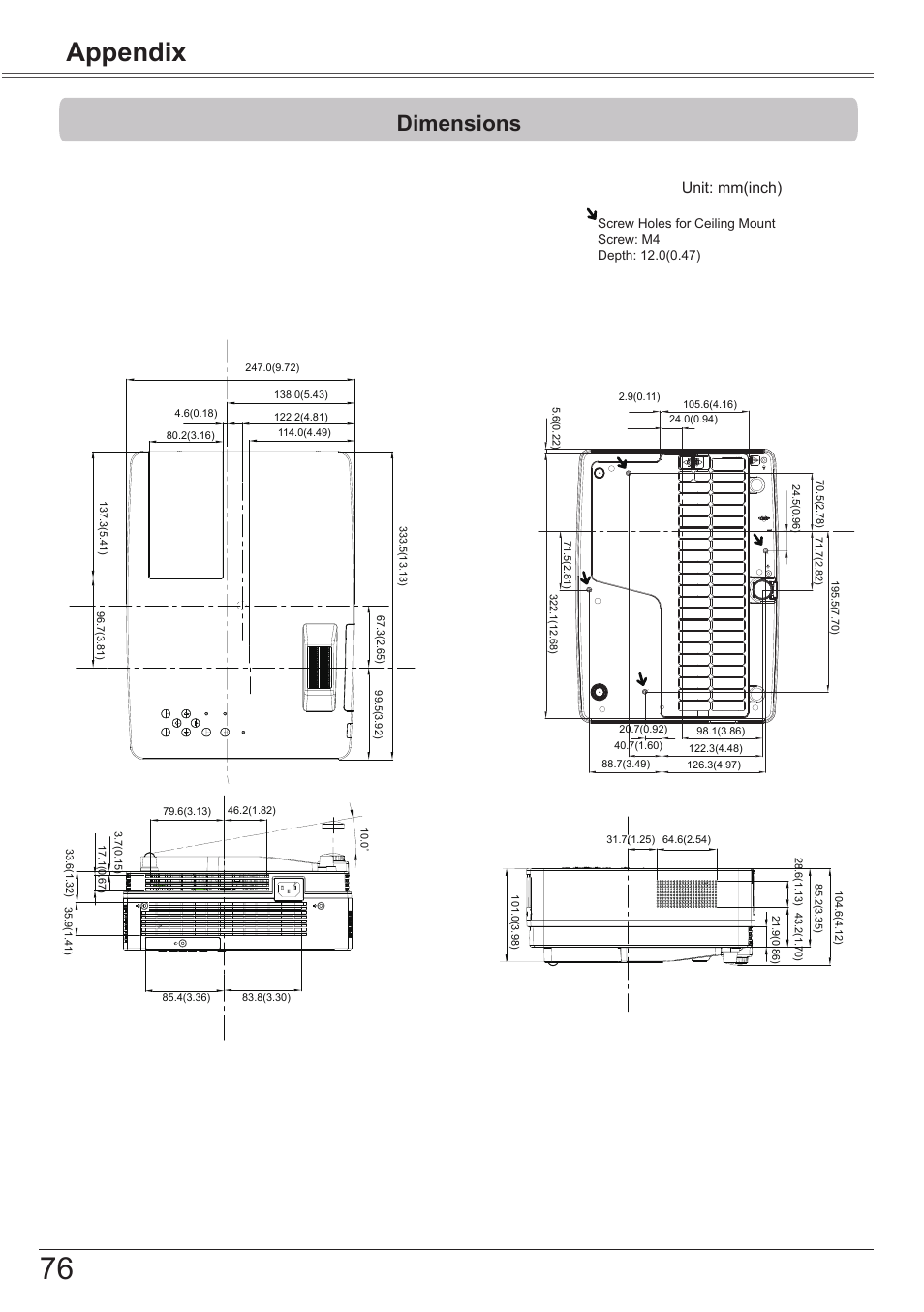 Dimensions, Appendix, Unit: mm(inch) | Canon LV-7292S User Manual | Page 76 / 77