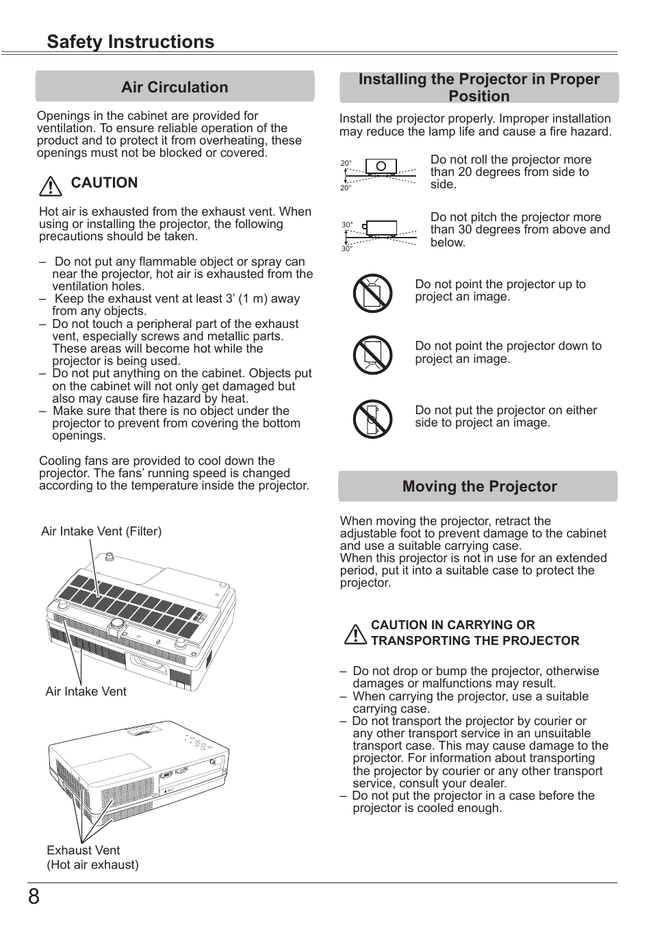 Air circulation, Installing the projector in proper position, Moving the projector | Safety instructions | Canon LV-7292S User Manual | Page 8 / 77