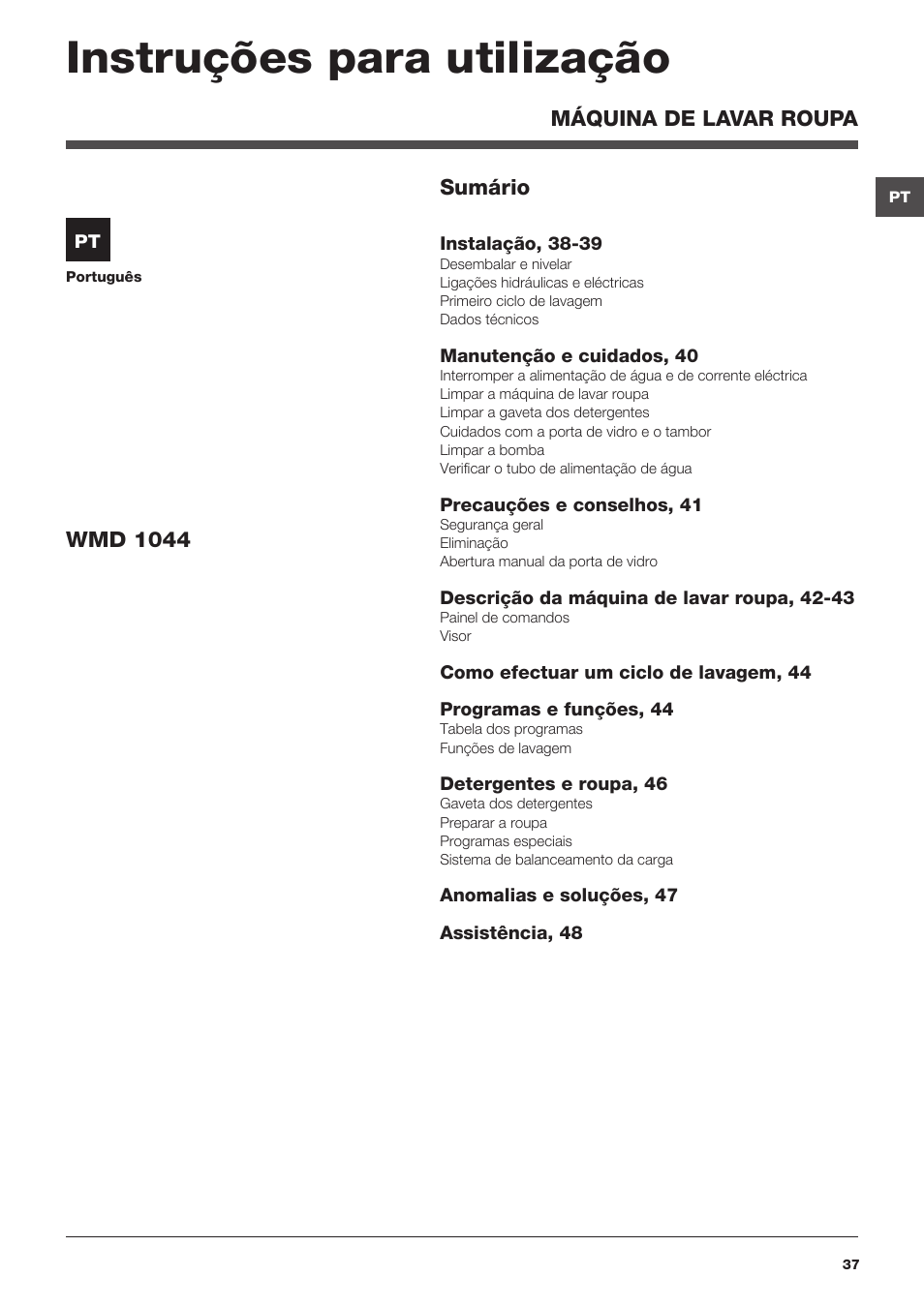 Instruções para utilização | Hotpoint Ariston WMD 1044BX EU User Manual | Page 37 / 72