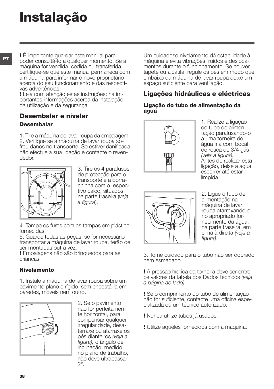 Instalação | Hotpoint Ariston WMD 1044BX EU User Manual | Page 38 / 72