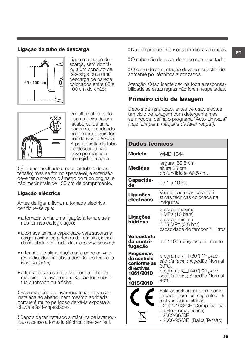 Hotpoint Ariston WMD 1044BX EU User Manual | Page 39 / 72