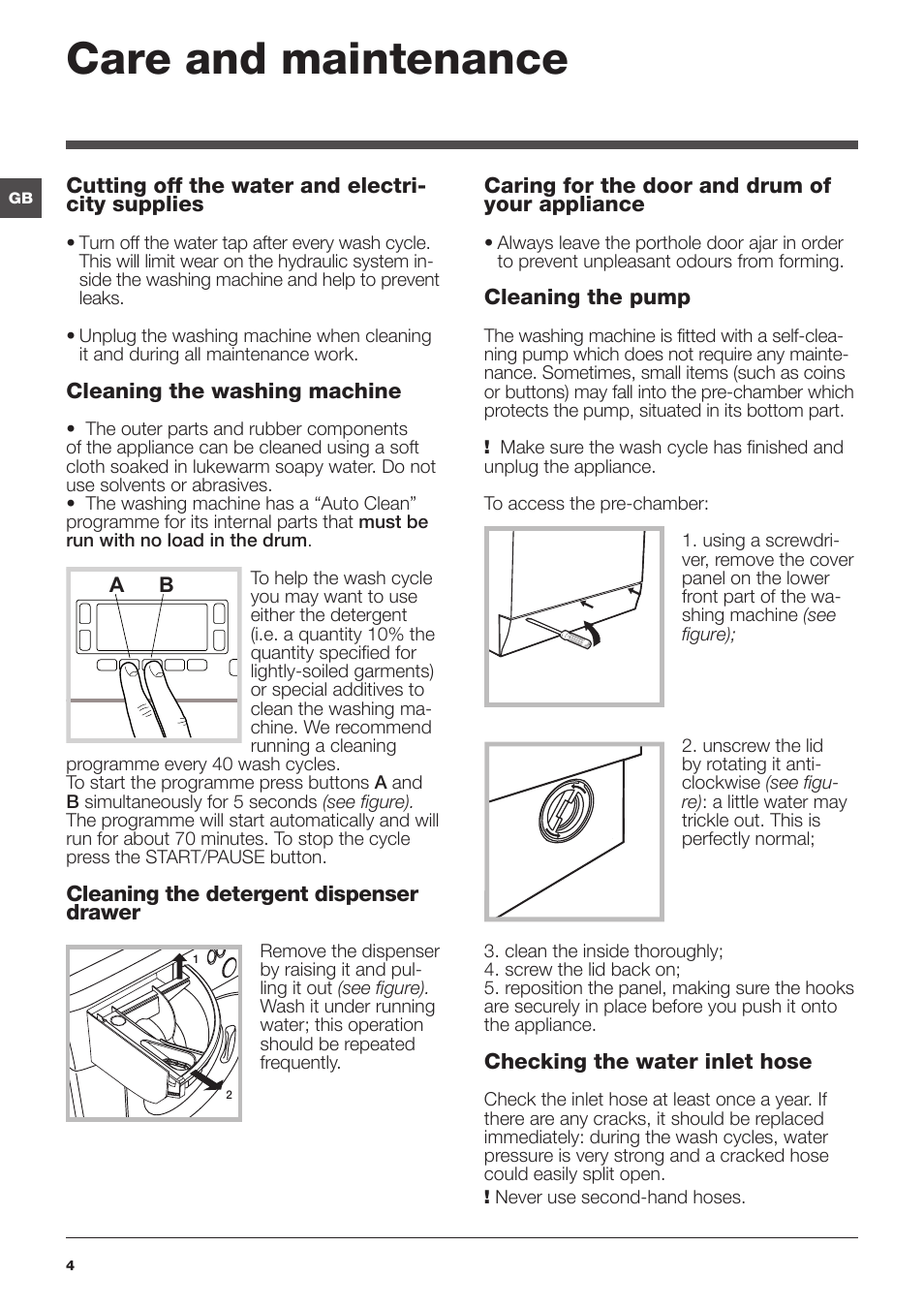 Care and maintenance | Hotpoint Ariston WMD 1044BX EU User Manual | Page 4 / 72