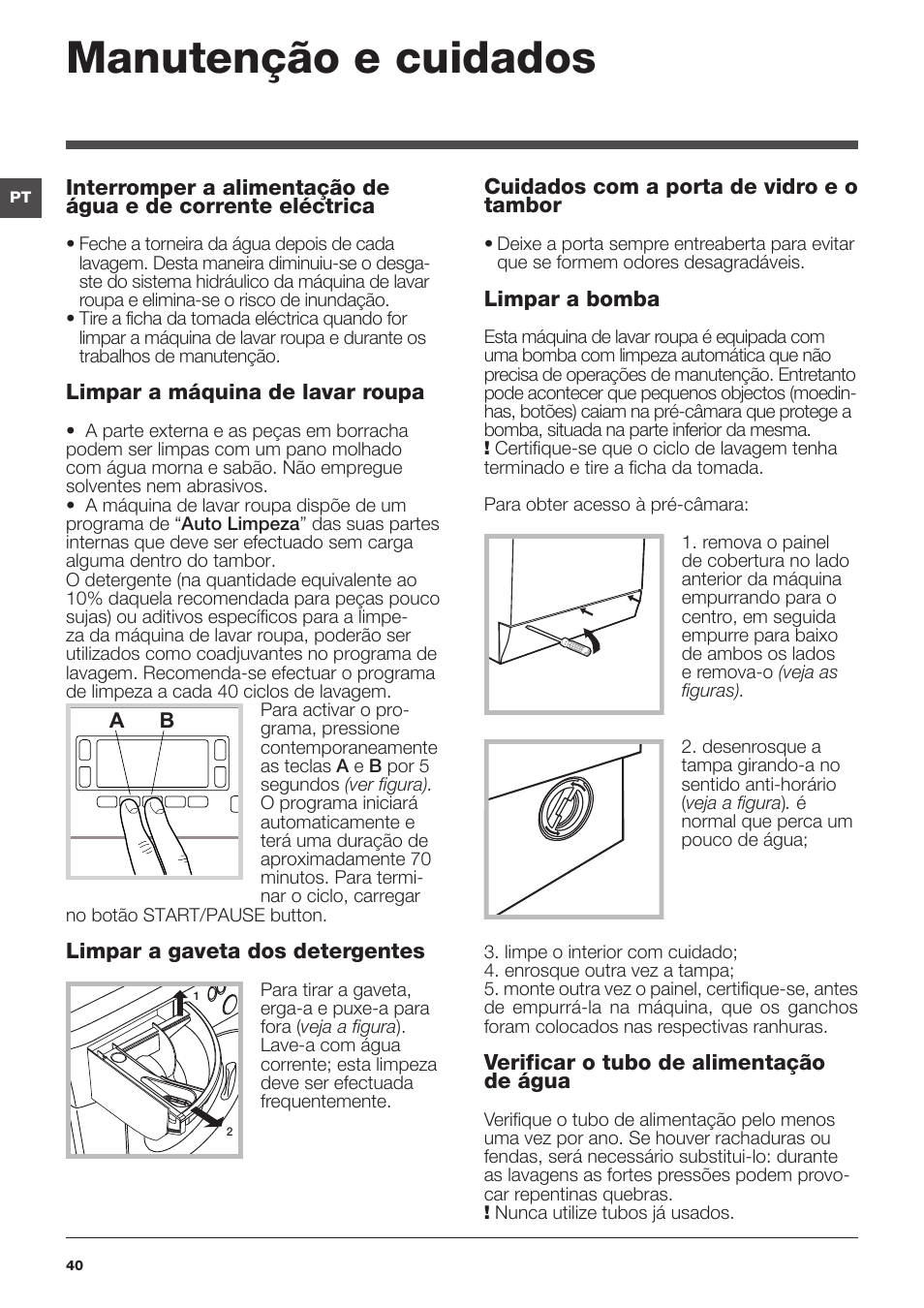 Manutenção e cuidados | Hotpoint Ariston WMD 1044BX EU User Manual | Page 40 / 72