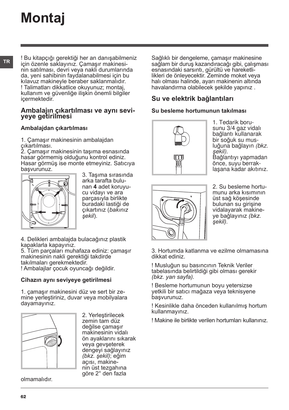 Montaj | Hotpoint Ariston WMD 1044BX EU User Manual | Page 62 / 72