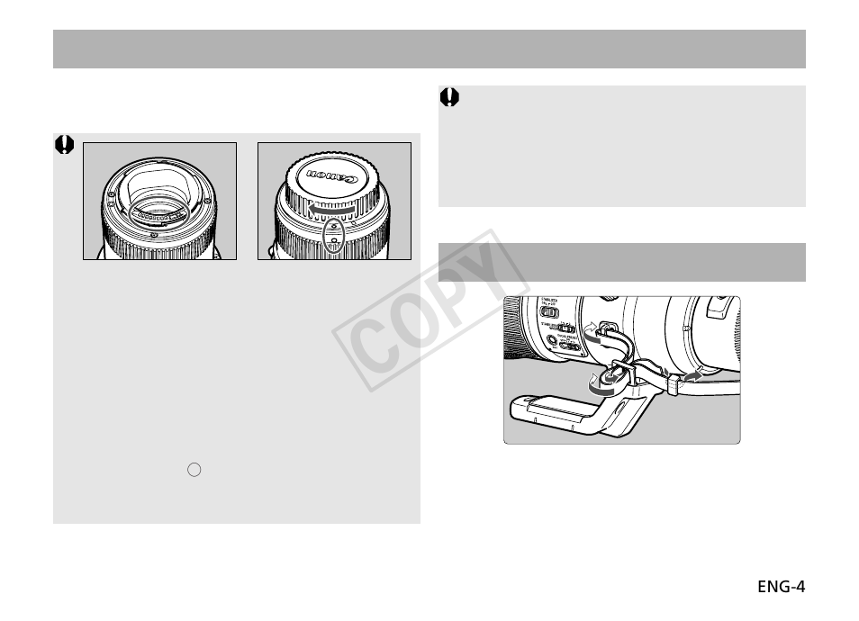 Cop y, Attaching the strap, Mounting and detaching the lens | Canon EF 800mm f5.6L IS USM User Manual | Page 5 / 17