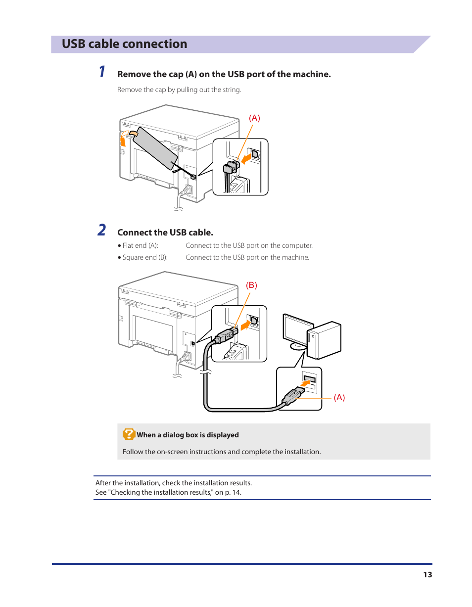 Usb cable connection | Canon i-SENSYS MF3010 User Manual | Page 14 / 20