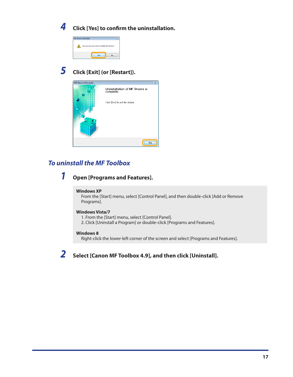 To uninstall the mf toolbox | Canon i-SENSYS MF3010 User Manual | Page 18 / 20