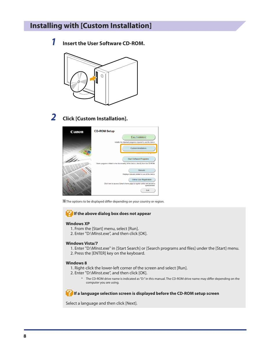 Installing with [custom installation | Canon i-SENSYS MF3010 User Manual | Page 9 / 20