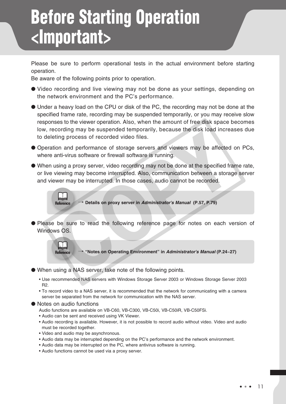 Cop y, Before starting operation <important | Canon VB-C60 User Manual | Page 11 / 30