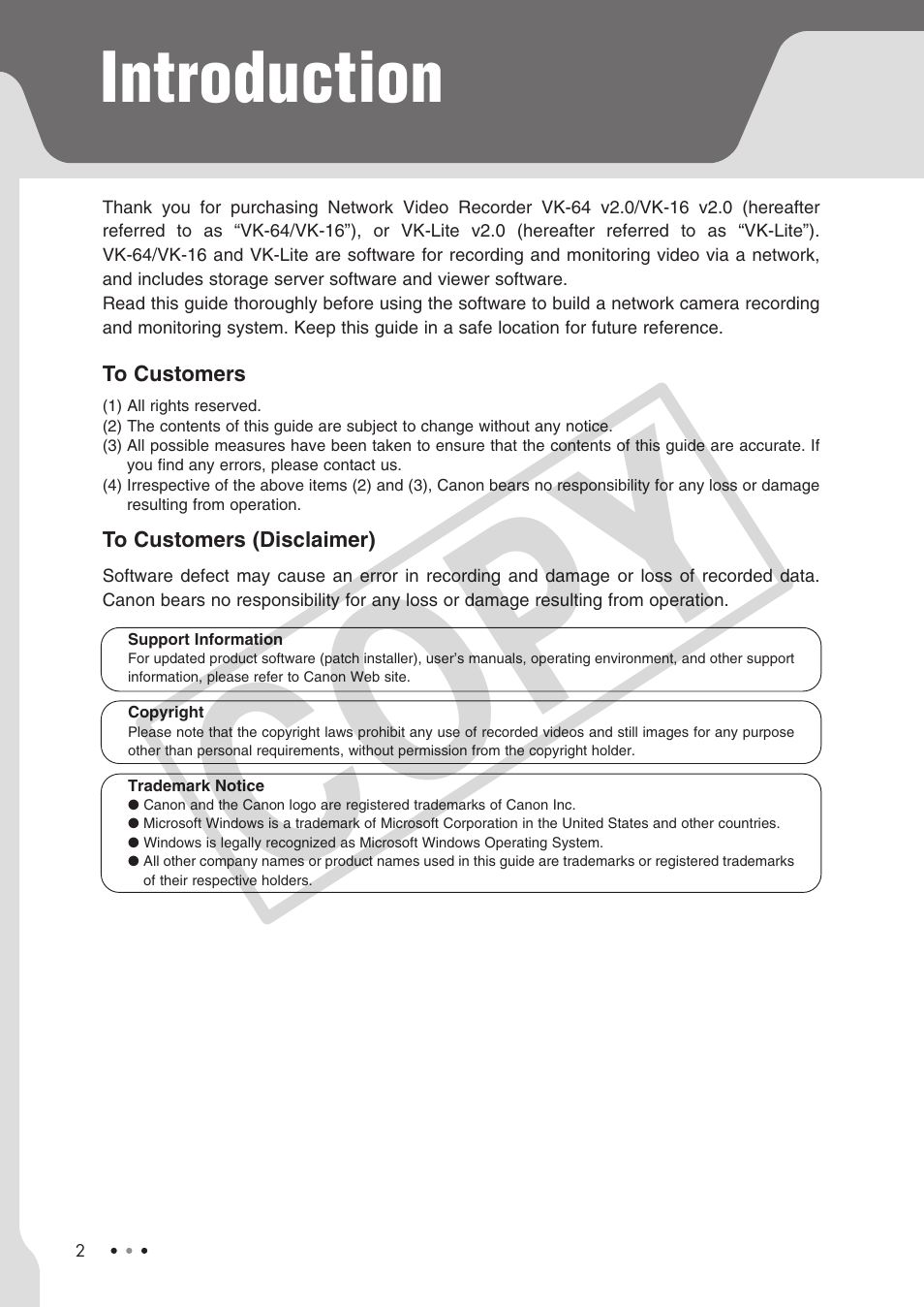 Cop y, Introduction | Canon VB-C60 User Manual | Page 2 / 30