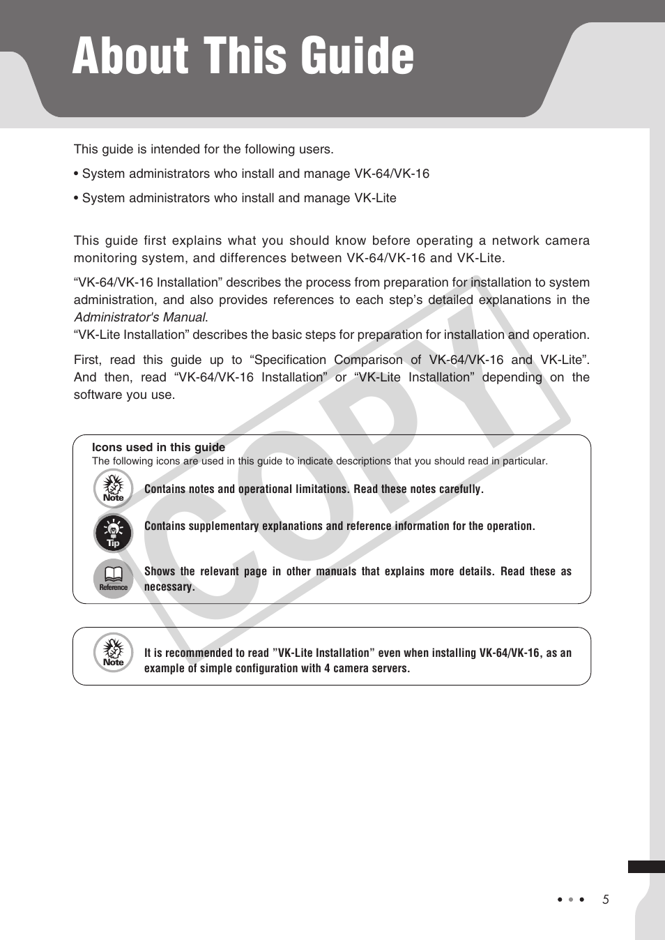 Cop y, About this guide | Canon VB-C60 User Manual | Page 5 / 30