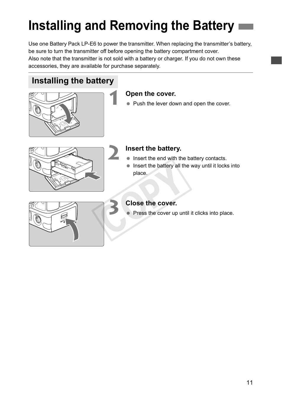 Installing and removing the battery, Installing the battery, P.11) | Cop y | Canon Wireless File Transmitter WFT-E7A User Manual | Page 11 / 126