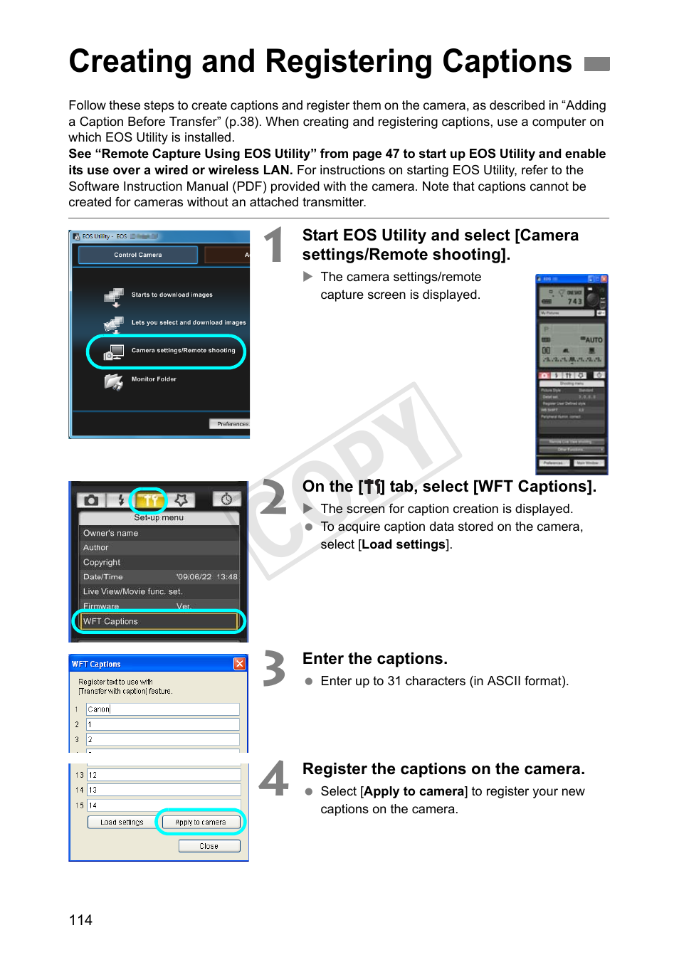 Creating and registering captions, Cop y | Canon Wireless File Transmitter WFT-E7A User Manual | Page 114 / 126