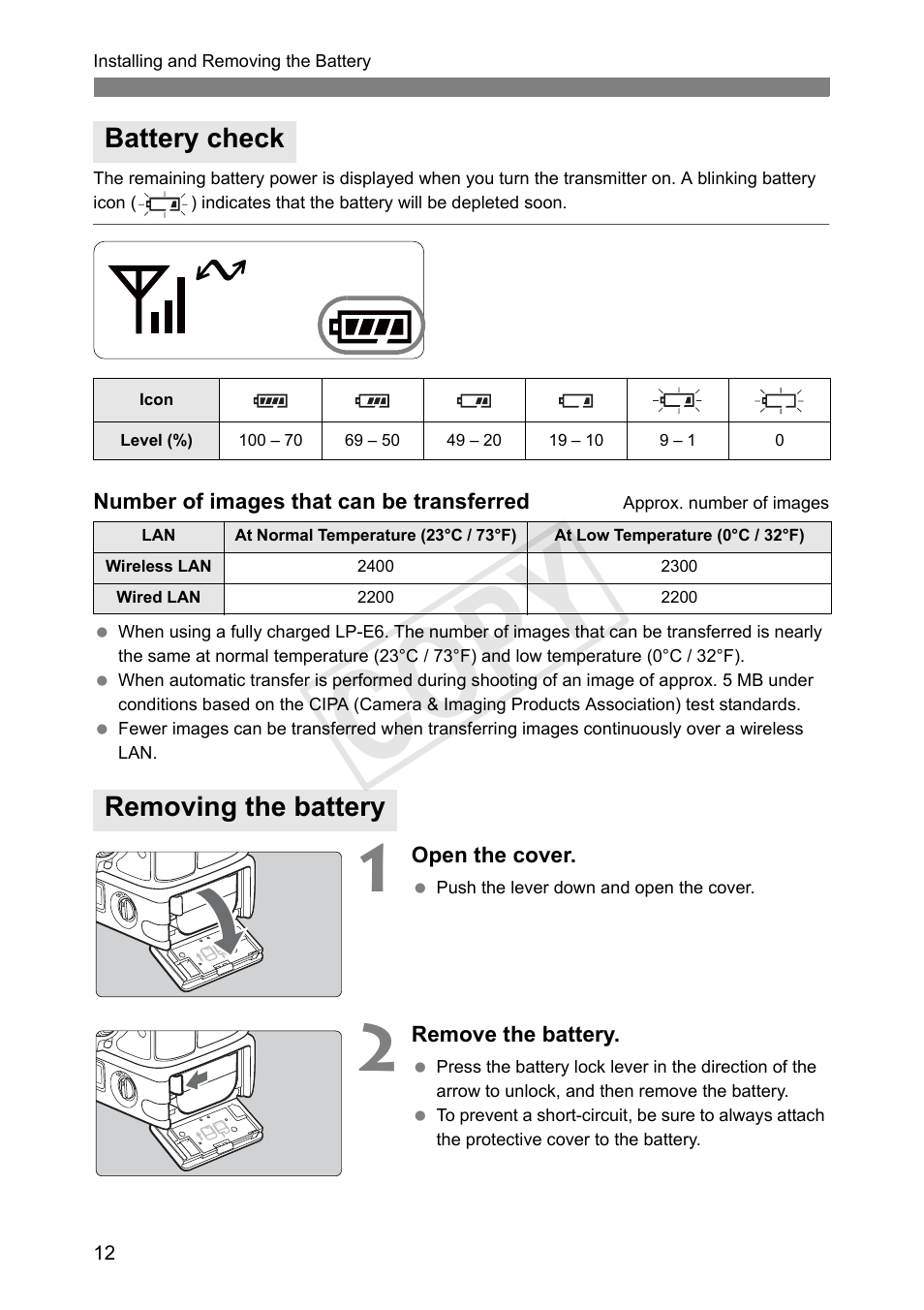 Battery check, Removing the battery, Cop y | Canon Wireless File Transmitter WFT-E7A User Manual | Page 12 / 126