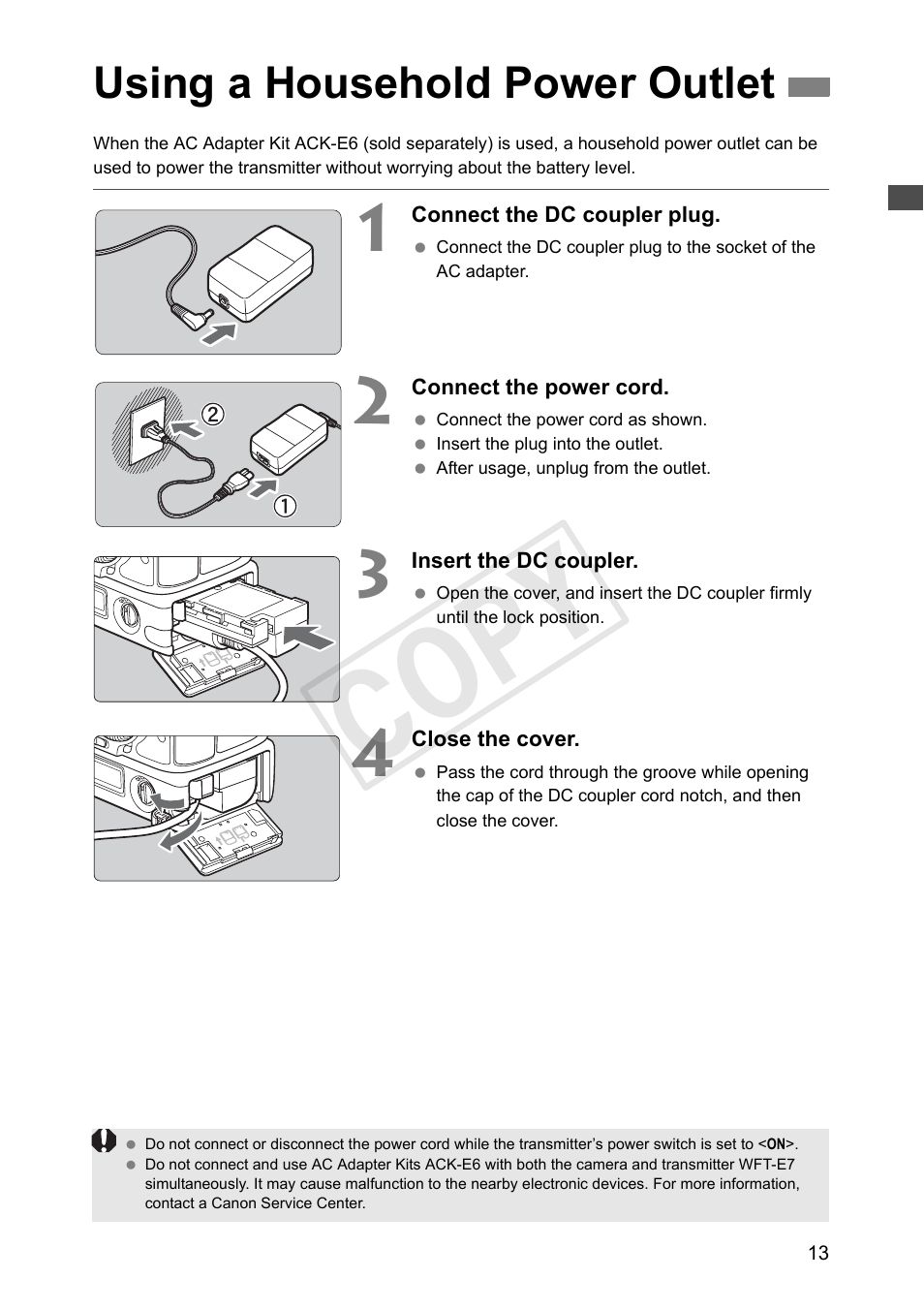 Using a household power outlet, Cop y | Canon Wireless File Transmitter WFT-E7A User Manual | Page 13 / 126