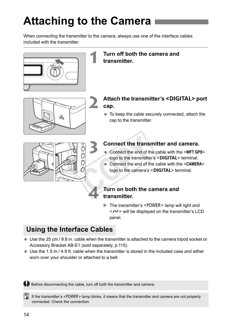 Attaching to the camera, Using the interface cables, T (p.14) | Cop y | Canon Wireless File Transmitter WFT-E7A User Manual | Page 14 / 126