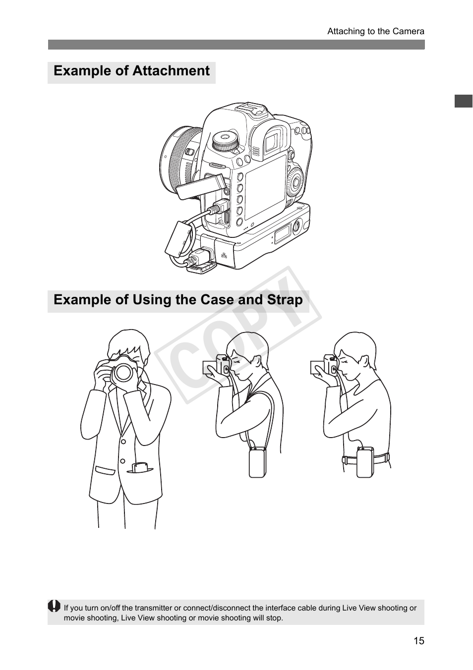 Example of attachment, Example of using the case and strap, Cop y | Canon Wireless File Transmitter WFT-E7A User Manual | Page 15 / 126