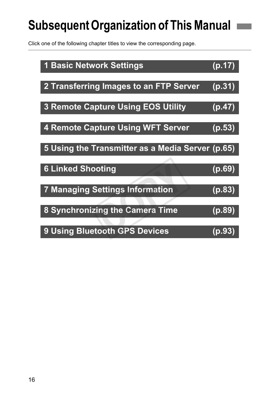 Subsequent organization of this manual, C op y | Canon Wireless File Transmitter WFT-E7A User Manual | Page 16 / 126