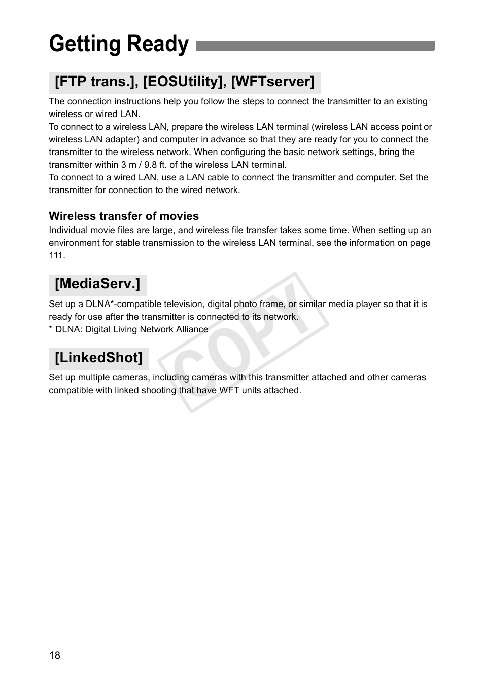 Getting ready, Ftp trans.], [eosutility], [wftserver, Mediaserv | Linkedshot, Cop y | Canon Wireless File Transmitter WFT-E7A User Manual | Page 18 / 126