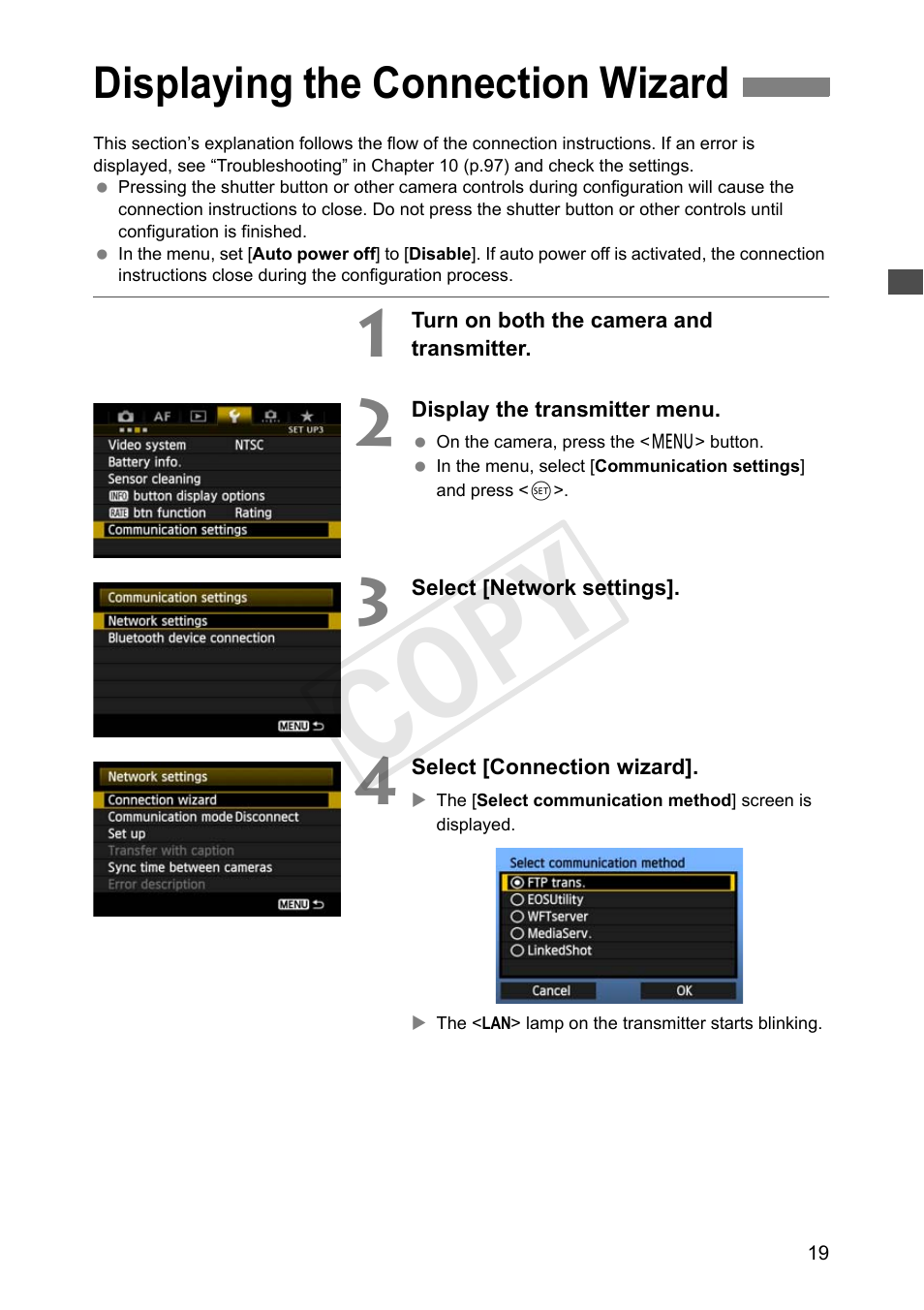 Displaying the connection wizard, Cop y | Canon Wireless File Transmitter WFT-E7A User Manual | Page 19 / 126