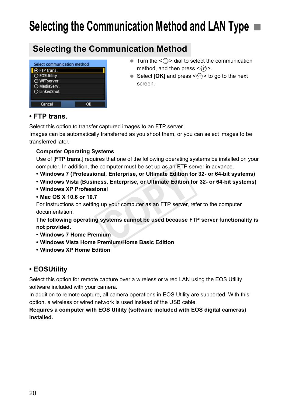 Selecting the communication method and lan type, Selecting the communication method, Cop y | Canon Wireless File Transmitter WFT-E7A User Manual | Page 20 / 126