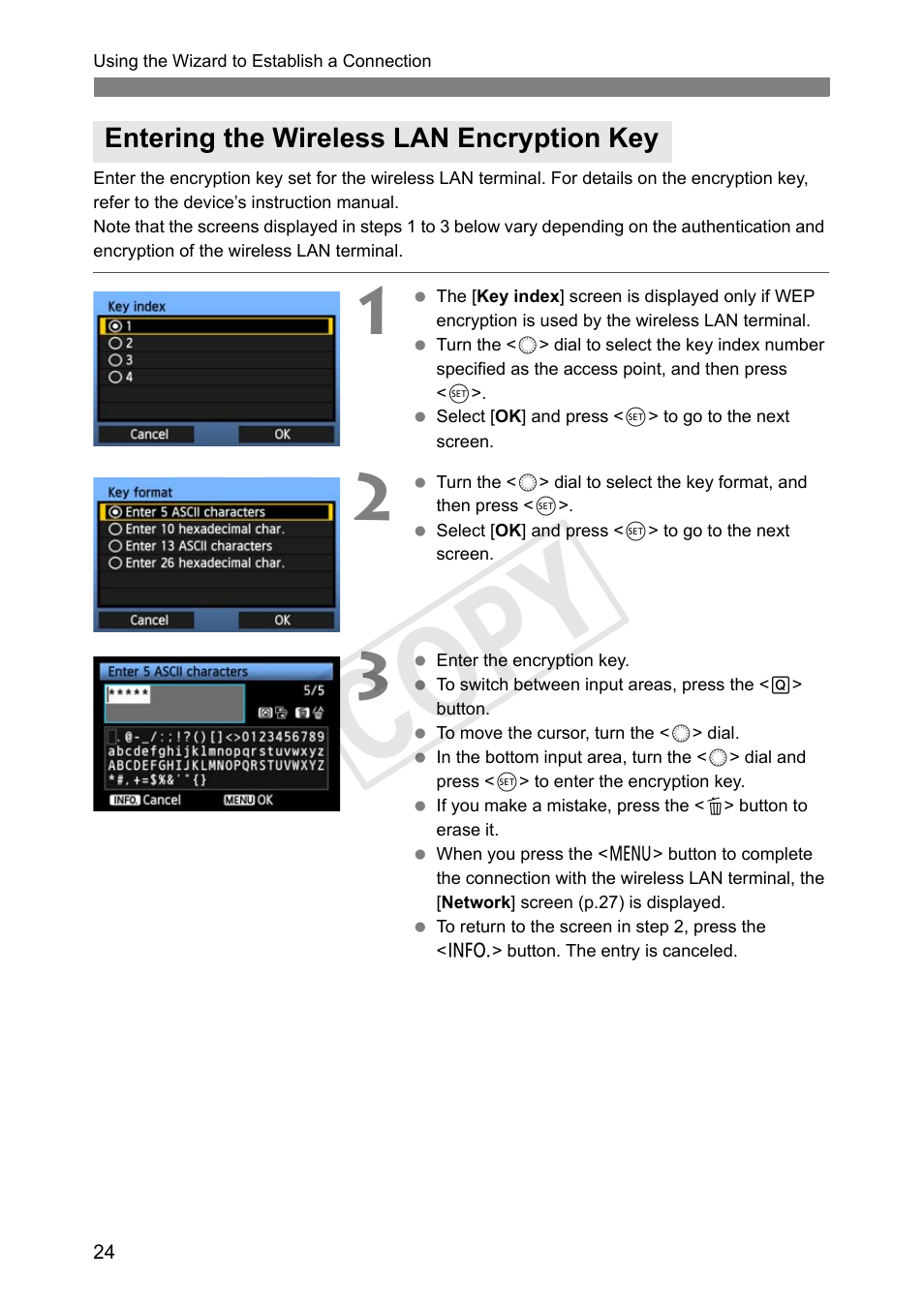 Entering the wireless lan encryption key, Cop y | Canon Wireless File Transmitter WFT-E7A User Manual | Page 24 / 126