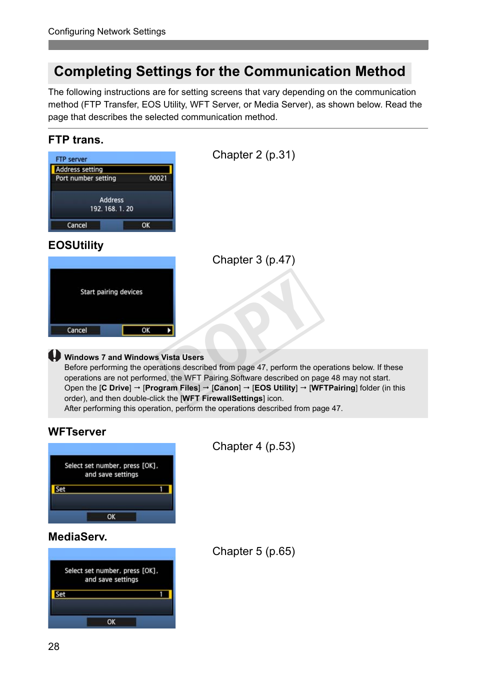 Completing settings for the communication method, Cop y | Canon Wireless File Transmitter WFT-E7A User Manual | Page 28 / 126