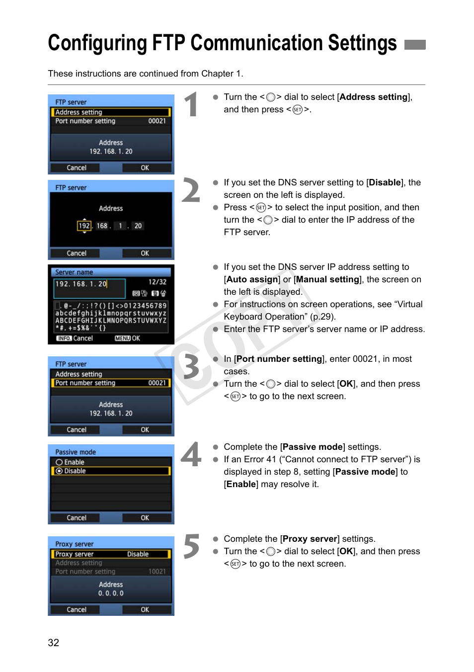 Configuring ftp communication settings, Cop y | Canon Wireless File Transmitter WFT-E7A User Manual | Page 32 / 126